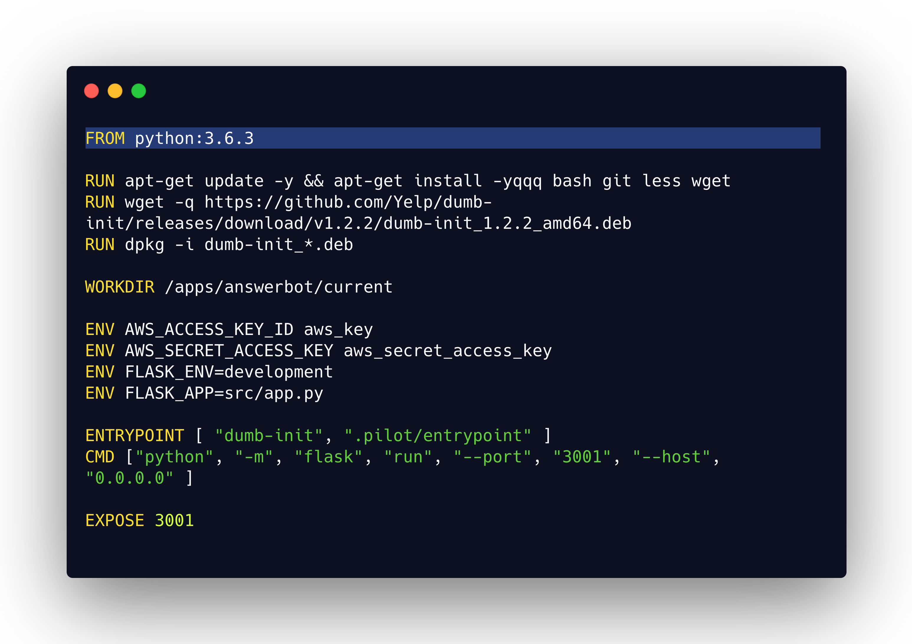 Docker完全不了解python或软件包管理工具。这是从基本Python 3.6.3映像开始的Dockefile的示例。在docker容器中，您实际上可以使用上述任何解决方案。人们通常只使用pip来安装软件包。